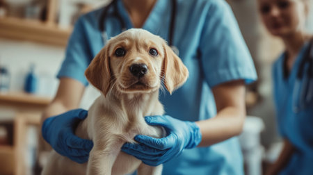 A caring veterinarian holds a cute puppy in a clinic, showcasing love and attention in pet healthcare. The soft setting emphasizes compassion and professionalism.の素材
