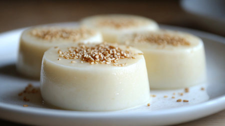 A delightful creamy dessert garnished with sesame seeds, served on a plate. Perfect for food photography, recipes, and culinary presentations.の素材