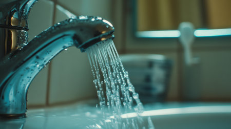 Close-up view of a modern faucet with flowing water in a bright bathroom setting, highlighting elements of cleanliness and contemporary design features.の素材