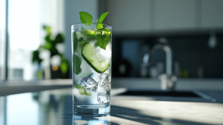 A revitalizing mint and lime drink served in a clear glass, featuring fresh ingredients and ice, set in a bright, modern kitchen environment perfect for summer.の素材