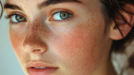 This captivating close-up portrait showcases a young woman with freckles, emphasizing her natural beauty and expressive gaze in a soft, serene setting.の素材