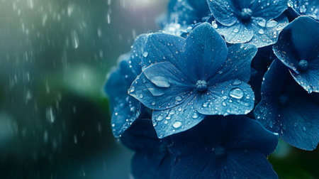 A stunning closeup of blue hydrangea flowers adorned with raindrops, capturing the beauty and freshness of nature in a serene and tranquil setting.の素材