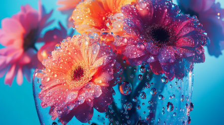 A stunning closeup of vibrant flowers with water droplets captured in a glass vase, showcasing their beauty and freshness, ideal for decorative use.の素材