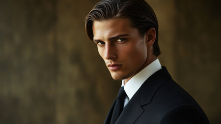 A young man in a sharply tailored suit exudes confidence and elegance. His intense expression captures attention, making it a striking portrait for stylish compositions.の素材