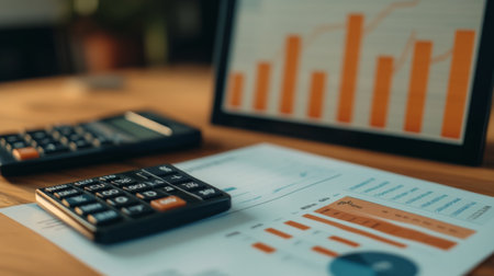 A detailed view of financial analysis featuring calculators, charts, and graphs. Perfect for showcasing business strategies and performance reviews.の素材