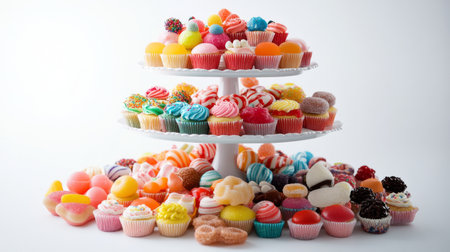 A vibrant display of assorted cupcakes and sweets arranged on a tiered stand, perfect for festive occasions and celebrations. A feast for the eyes and taste buds!の素材