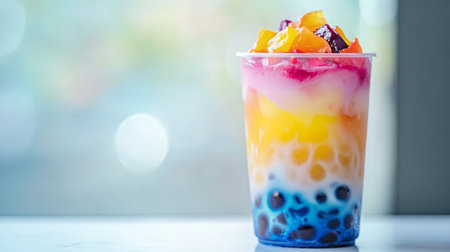 A vibrant dessert drink featuring layers of colorful jelly, fruit, and sweet syrup, perfect for summer gatherings or refreshing treats.の素材