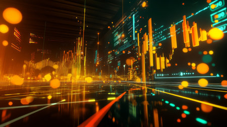 Explore a vibrant digital landscape showcasing futuristic data visualization with dynamic colors and patterns, representing modern technology and analytics.の素材