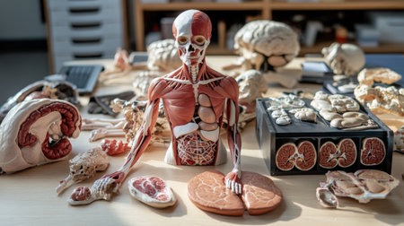 A detailed arrangement of anatomical models and organs showcasing human biology, perfect for educational settings and medical training.の素材
