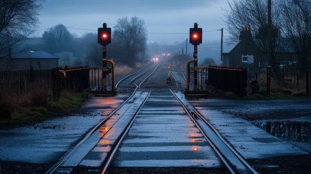 A foggy railroad crossing at dusk featuring warning signals. The dim light creates an eerie atmosphere, reflecting off the wet tracks and surrounding landscape.の素材