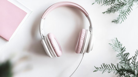 A pair of stylish pink headphones rests on a soft background, surrounded by delicate greenery, creating an aesthetic vibe suitable for music lovers.の素材