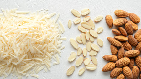 A vibrant display of assorted nuts and grated ingredients, perfect for healthy snacks and culinary creations. Ideal for food photography and recipes.の素材