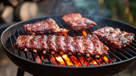 Juicy barbecue ribs grilling over an open flame, creating a smoky aroma. Perfect for outdoor gatherings, these tender pieces are a summer favorite.の素材