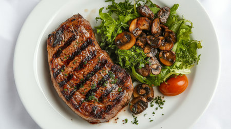 Enjoy a beautifully presented plate featuring grilled steak alongside a fresh salad and sautの素材