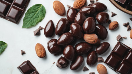 A visually appealing arrangement of dark chocolate, almonds, and fresh mint leaves. Perfect for showcasing gourmet snacks, desserts, and culinary delights.の素材