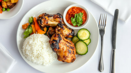 A delicious plate featuring grilled chicken, fluffy rice, fresh vegetables, and a spicy sauce. Perfect for showcasing vibrant culinary delights.の素材