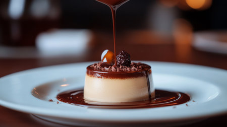 A delicious chocolate dessert featuring a creamy flan drizzled with rich chocolate sauce, elegantly presented on a white plate for a gourmet experience.の素材