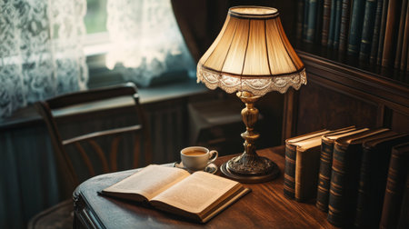 A cozy reading nook featuring a vintage lamp, an open book, and a cup of coffee. The soft light and wooden decor create a warm and inviting atmosphere perfect for quiet moments.の素材