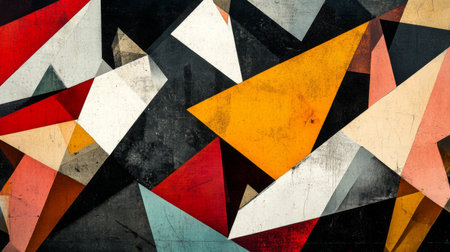 Explore a vibrant collection of abstract geometric shapes in bold colors. This dynamic artwork features triangles and vivid patterns on a textured background.の素材