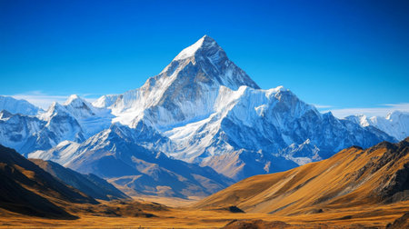 A stunning view of a majestic snow-capped mountain against a clear blue sky, showcasing the beauty of nature and the serenity of the wilderness.の素材