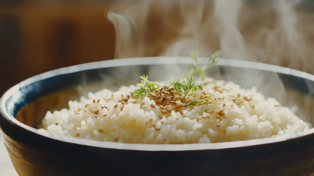 A steaming bowl of rice garnished with fresh herbs and seeds. This cozy scene captures the essence of home-cooked comfort and healthy dining.の素材