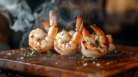 Succulent grilled shrimp presented on a wooden platter, seasoned to perfection with herbs and spices. A mouthwatering seafood dish ideal for gatherings.の素材