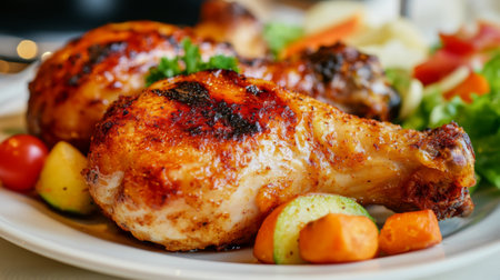 A mouthwatering grilled chicken drumstick served with colorful fresh vegetables, perfect for any meal or gathering. Ideal for food lovers and chefs.の素材