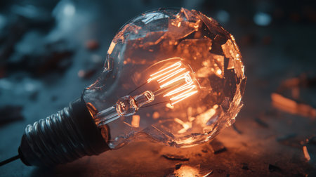 A dramatic shot of a shattered light bulb with a glowing filament. The broken glass contrasts with the warm light, creating an artistic and emotional scene. Perfect for concepts of fragility and innovation.の素材