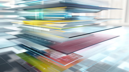 A vibrant abstract representation of layered digital pages in motion, showcasing colors and geometric shapes, ideal for technology and design themes.の素材