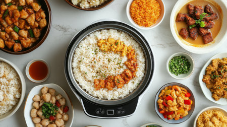 A vibrant spread of various Asian dishes served with fluffy rice. Ideal for food lovers seeking delicious meals for gatherings or family occasions.の素材