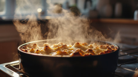 A steaming, freshly baked dish rests in a cozy kitchen, showcasing the warmth and inviting ambiance of home cooking. Perfect for culinary inspiration.の素材