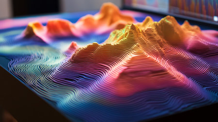 Stunning 3D visualization of a vibrant mountain landscape showcasing colorful patterns and artistic textures, ideal for projects focused on nature and design.の素材