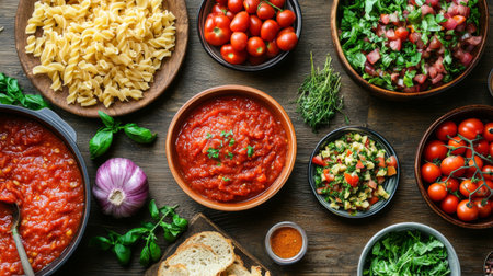 A vibrant arrangement of fresh ingredients for Italian cooking, featuring pasta, tomatoes, herbs, and salads, perfect for a wholesome meal preparation.の素材