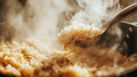 A close-up view of steaming cooked rice being lifted from a pan. The warm, fluffy texture and inviting aroma showcase a delicious culinary experience.の素材
