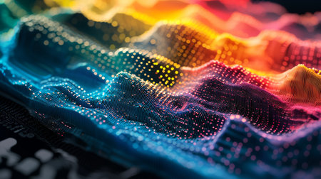 This vibrant abstract visualization features a colorful waveform, showcasing intricate lines and textures that blend technology with artistry. Ideal for digital projects.の素材