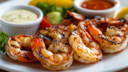 This image features delicious grilled shrimp served with fresh vegetables and dipping sauces, perfect for seafood lovers. A vibrant and appetizing plate ideal for culinary inspiration.の素材