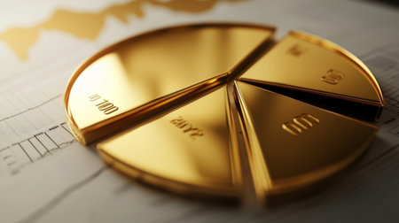 A visually striking golden pie chart rests atop a financial chart, symbolizing wealth and investment analysis. Ideal for business and finance themes.の素材