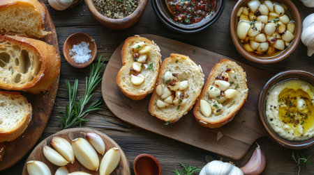 A rustic wooden table displays garlic cloves, slices of bread, and an array of condiments. Perfect for food photography, cooking blogs, or gourmet recipes.の素材