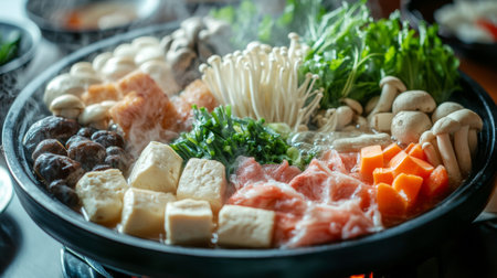 A vibrant hot pot dish featuring an assortment of fresh vegetables, mushrooms, tofu, and meat simmering in a flavorful broth, perfect for sharing.の素材