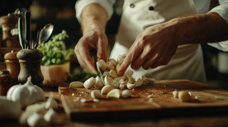 A chef skillfully chops fresh garlic in a rustic kitchen setting. The scene highlights culinary preparation, emphasizing fresh ingredients and home cooking.の素材