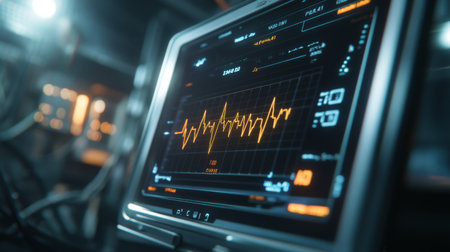 Close-up of a futuristic medical monitor displaying a heartbeat graph in vibrant orange. This high-tech device symbolizes cutting-edge healthcare technology and data analysis.の素材
