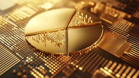 This image features a golden pie chart set against a digital circuit background, symbolizing technology and data analysis intertwined in a modern aesthetic.の素材