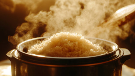 A close-up view of steaming rice in a pot, illuminated by warm light. The image captures the texture and aroma of freshly cooked rice, evoking comfort and satisfaction. Perfect for food-related themes.の素材