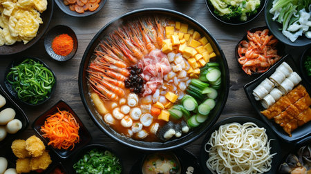 A vibrant seafood and sushi platter featuring a variety of fresh ingredients, skillfully arranged for an exquisite dining experience perfect for culinary enthusiasts.の素材
