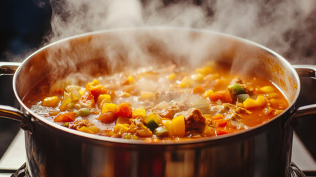 A vibrant vegetable soup simmers in a stainless steel pot, emitting aromatic steam. Perfect for healthy meals and cozy cooking moments.の素材