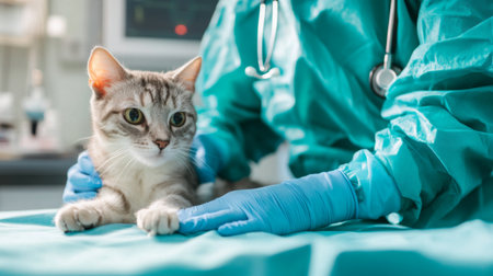 A veterinarian gently examines a cat in a clinic setting. The vet, wearing gloves, showcases the importance of animal healthcare and compassion.の素材