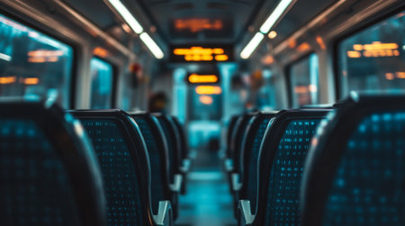 A serene interior of an empty train car featuring modern seating and soft lighting, ideal for conveying a sense of calm and urban travel experience.の素材