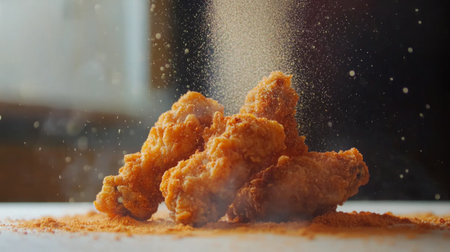 A close-up view of crispy chicken wings dusted with savory seasoning, showcasing a delicious and mouthwatering dish perfect for any meal or snack occasion.の素材