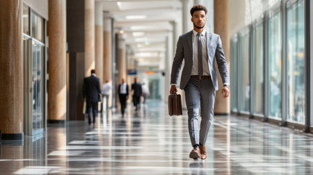 A confident man in a suit walks through a modern office hallway, carrying a briefcase. The setting reflects a professional and corporate atmosphere.の素材