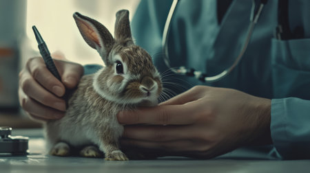 A veterinarian examines a cute rabbit with gentle hands in a clinic, showcasing a caring approach to small animal healthcare and well-being.の素材